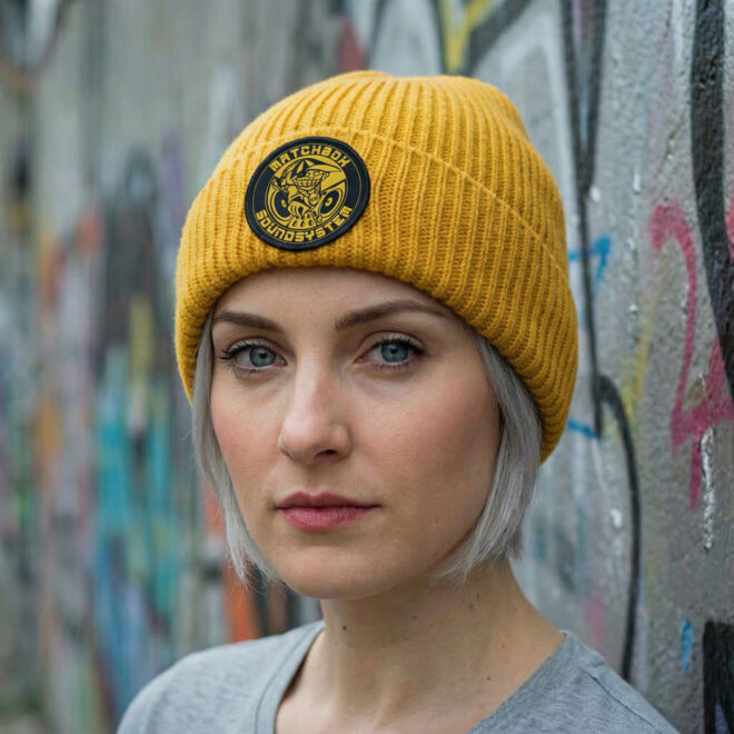 Matchbox Vintage Logo – Mustard – Beanie čepice kulatý patch